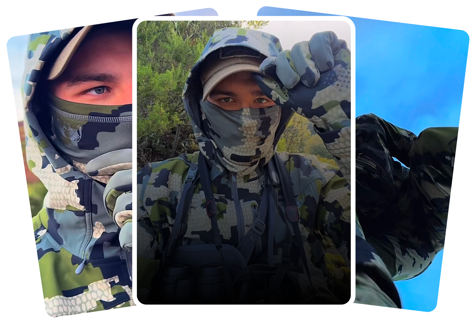 Trois images d'un homme portant un équipement de camouflage dans divers environnements naturels.